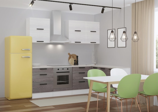 Coin cuisine de style scandinave avec frigo jaune. Rendu 3D.