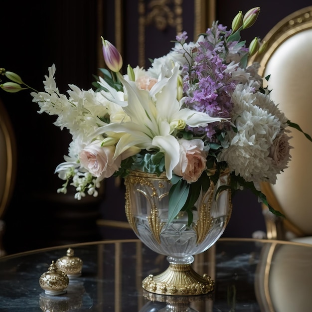 coin décoration intérieure avec verrerie et fleurs design de luxe IA générative