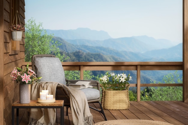 Un coin de détente sur le balcon d'une maison en bois avec un rendu 3D de montagne