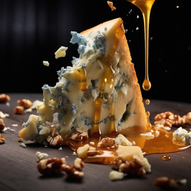 Coin de fromage bleu trempé dans du miel avec des éclaboussures et des vagues