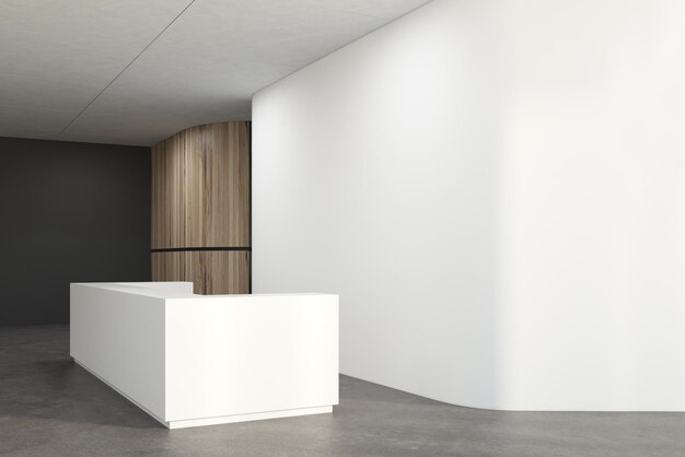 Coin hall de bureau blanc avec un sol en béton et un bureau de réception blanc près du mur. maquette de rendu 3d