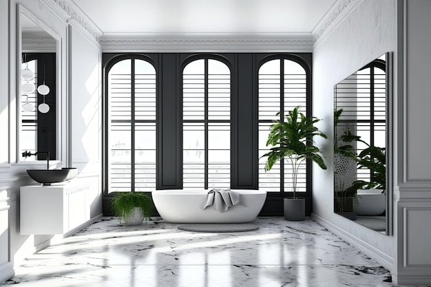 Coin intérieur de salle de bains de luxe blanc avec de grandes fenêtres avec des volets noirs et un sol en béton