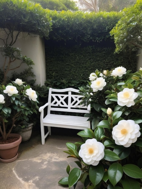 Un coin de jardin serein avec des camélias blanches formant un cadre naturel