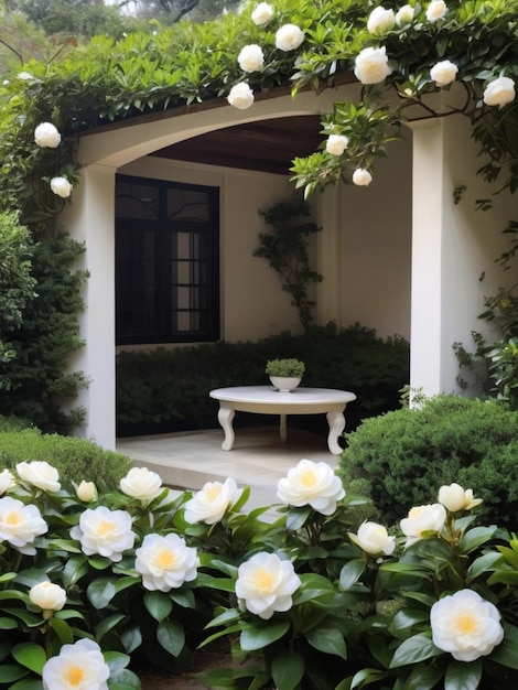 Un coin de jardin serein avec des camélias blanches formant un cadre naturel