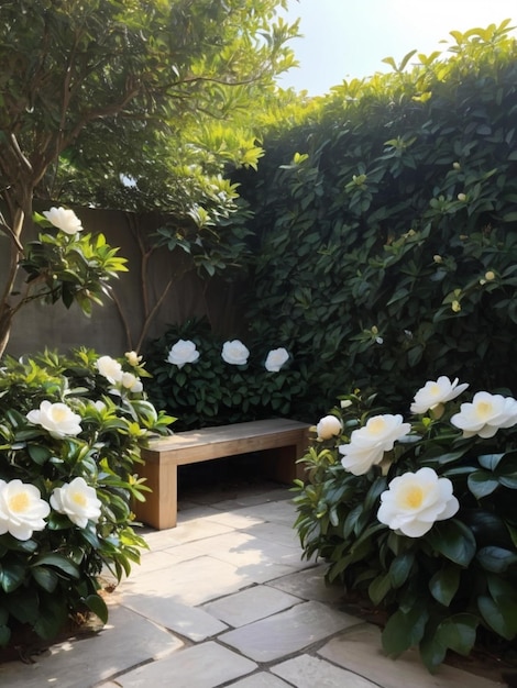 Un coin de jardin serein avec des camélias blanches formant un cadre naturel