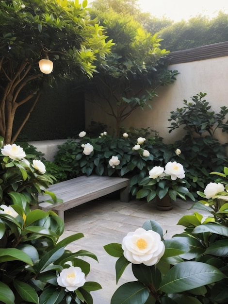 Un coin de jardin serein avec des camélias blanches formant un cadre naturel