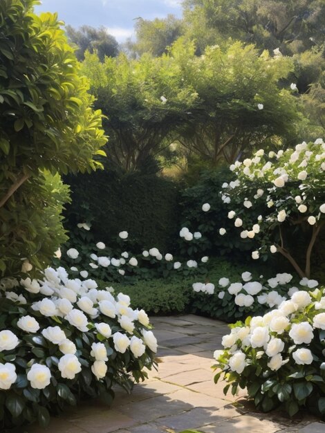 Un coin de jardin serein avec des camélias blanches formant un cadre naturel