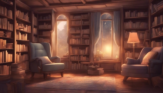 Photo un coin de lecture confortable et accueillant avec des étagères, un fauteuil confortable et un éclairage chaleureux.