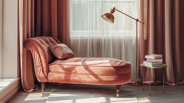 Un coin de lecture confortable avec une chaise lounge en velours dans une couleur rose sourde ornée d'un sol vintage