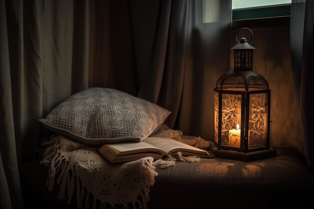 Coin lecture confortable avec des couvertures douces et une lanterne et un livre sur un oreiller