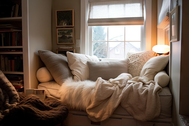 Coin lecture confortable avec des couvertures douces et des oreillers parfaits pour se blottir avec un bon livre