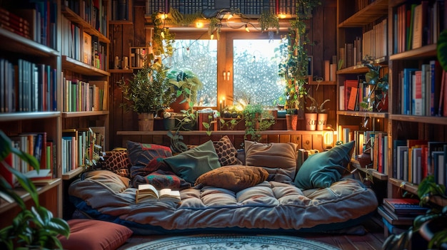Un coin de lecture confortable avec des étagères, des coussins, des plantes et des lumières de fées à côté de la fenêtre avec des gouttes de pluie.