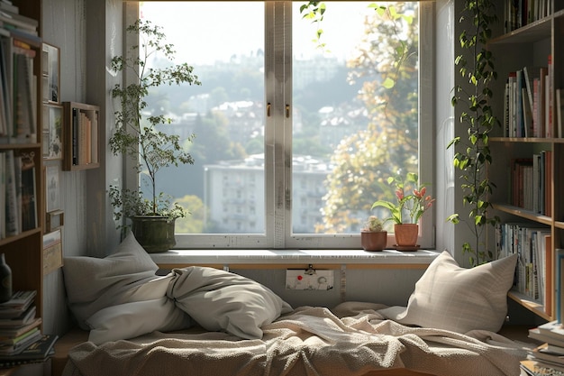 Photo un coin de lecture confortable près d'une fenêtre avec vue