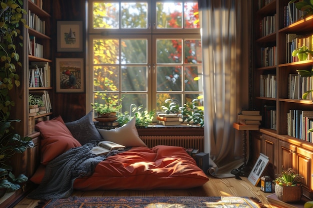 Un coin de lecture confortable près d'une fenêtre