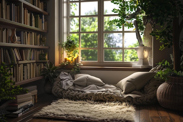 Un coin de lecture confortable avec un siège à la fenêtre