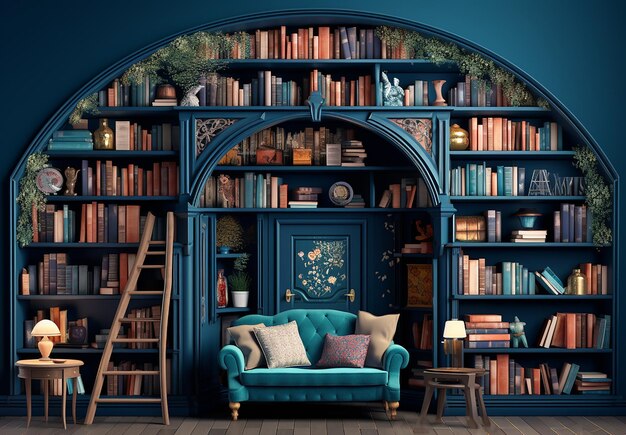 Un coin de lecture à la mode avec une bibliothèque majestueuse avec une collection de livres vintage