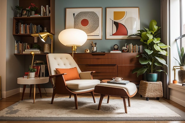 Photo un coin de lecture moderne du milieu du siècle dans un appartement