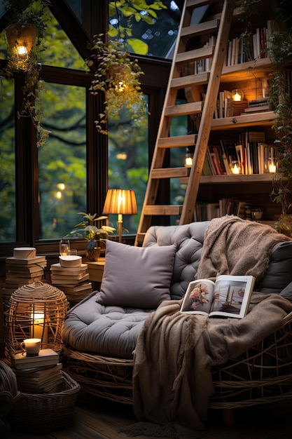 Coin lecture relaxant et confortable avec une étagère, des coussins moelleux, une couverture chaude, un moment de lecture paisible