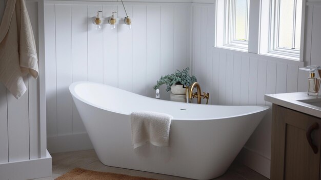 Un coin de salle de bain de style côtier avec une baignoire blanche indépendante et un robinet en or brossé Generative Ai