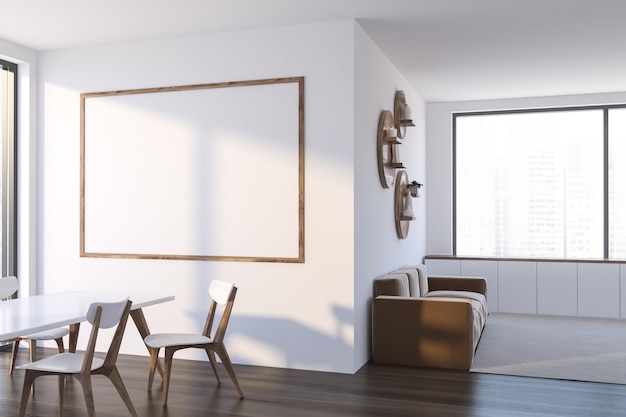 Coin de salle à manger moderne avec table en bois blanc avec chaises, canapé beige et grande affiche horizontale accrochée au mur blanc. maquette de rendu 3d