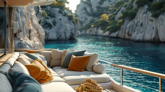 Photo un coin de yacht de luxe avec des sièges en peluche et une vue imprenable sur la mer.