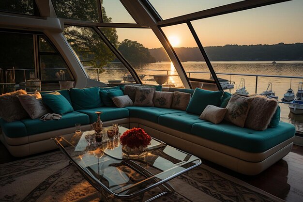 Photo un coin de yacht moderne avec des sièges en peluche et une vue imprenable sur la mer