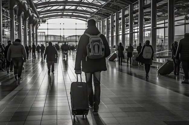 Coincé à l'aéroport une scène en noir et blanc de chaos de retard de vol