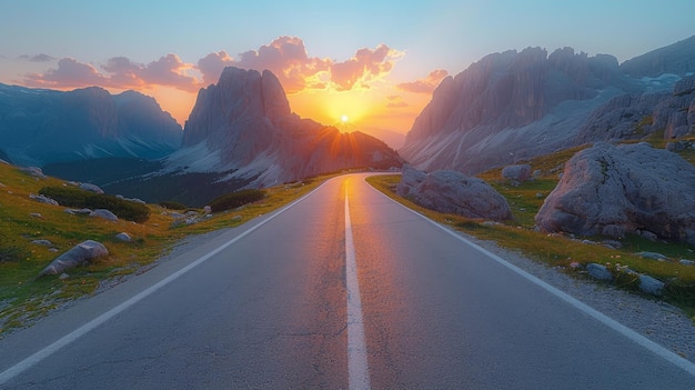 Un col de montagne vide au printemps avec une autoroute vide et un coucher de soleil coloré sur le flanc de la montagne Dolomites Italie Belle route incurvée roches pierres ciel bleu avec des nuages