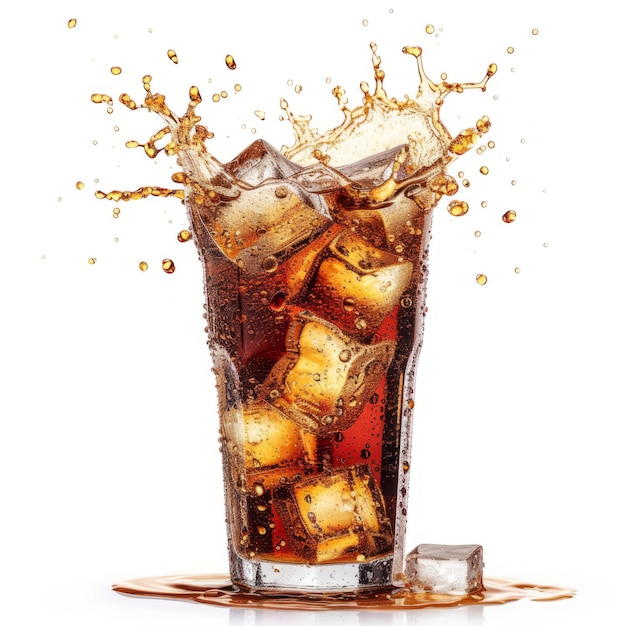 Cola avec un éclaboussement de cubes de glace isolés sur un fond blanc