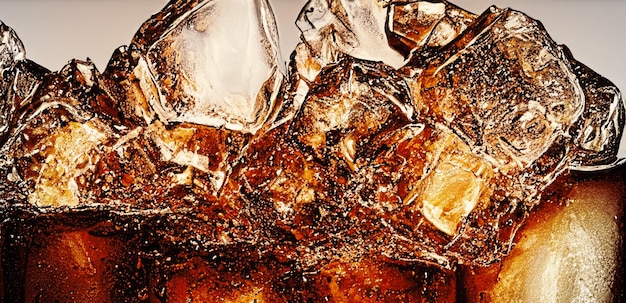 Cola avec de la glace Close up des glaçons dans l'eau de cola Texture de boisson carbonatée