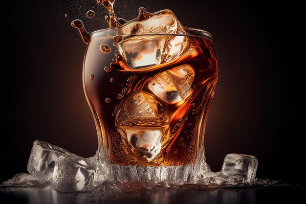 Photo cola avec de la glace dans un verre généré par l'ia