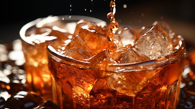 Cola avec de la glace dans un verre en gros plan