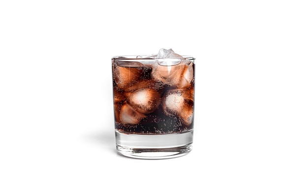 Cola avec de la glace dans un verre transparent isolé.