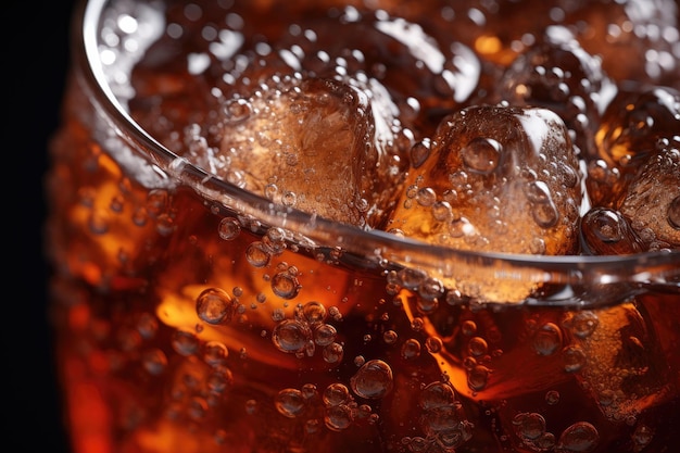 Cola glacé avec des gouttelettes d'eau condensées sur un verre à faible profondeur de champ