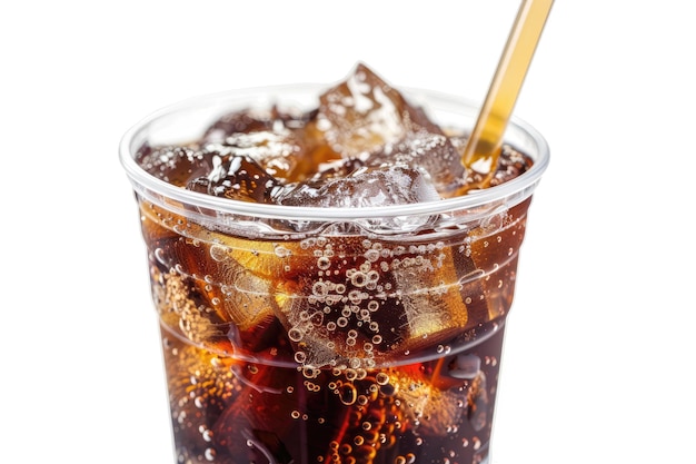 Cola avec de la glace et de la paille dans une tasse à emporter sur fond blanc