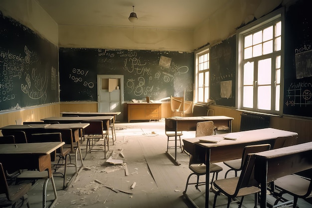 École détruite après une attaque terroriste avec de vieux couloirs d'école vides