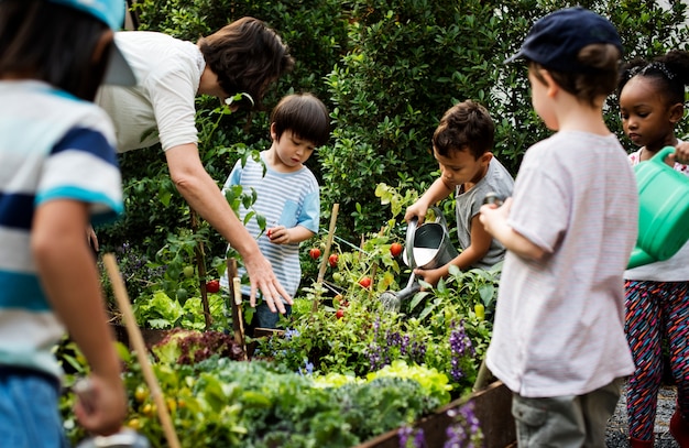 École des enseignants et des enfants apprenant le jardinage écologique