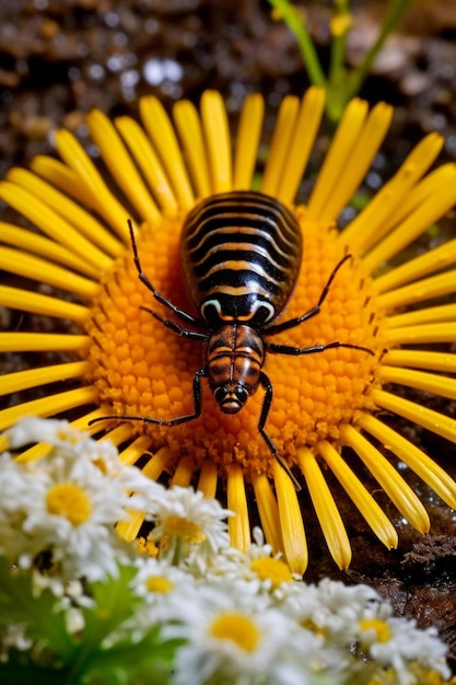 Photo un coléoptère assis au sommet d'une fleur jaune