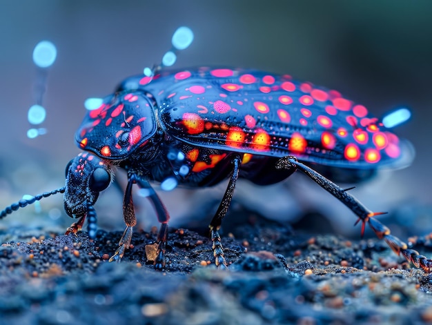 Un coléoptère aux couleurs vives et aux taches lumineuses sur le dos dans un environnement naturel