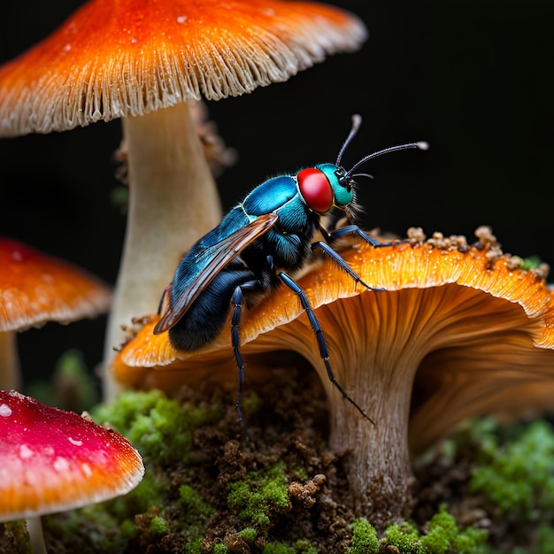 Un coléoptère bleu sur un champignon tacheté rouge et blanc