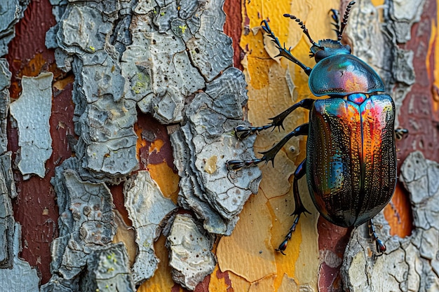 Photo un coléoptère coloré est assis sur un tronc d'arbre