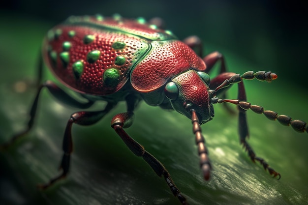 un coléoptère avec un motif vert et rouge sur le dos.