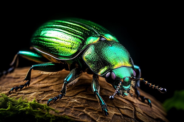 un coléoptère vert assis sur un morceau de bois