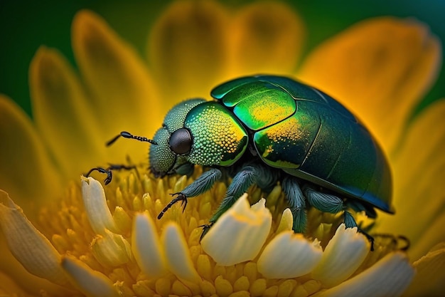 Un coléoptère vert est assis sur une fleur jaune.