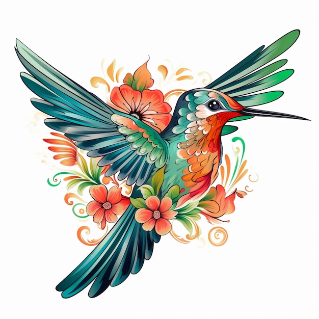 Colibri aux couleurs vives avec des fleurs et des tourbillons sur un fond blanc ai générative