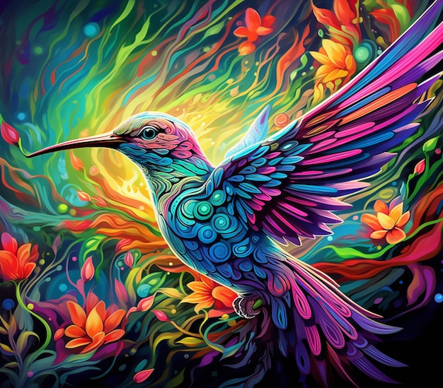 un colibri aux couleurs vives volant dans l'air avec des fleurs colorées