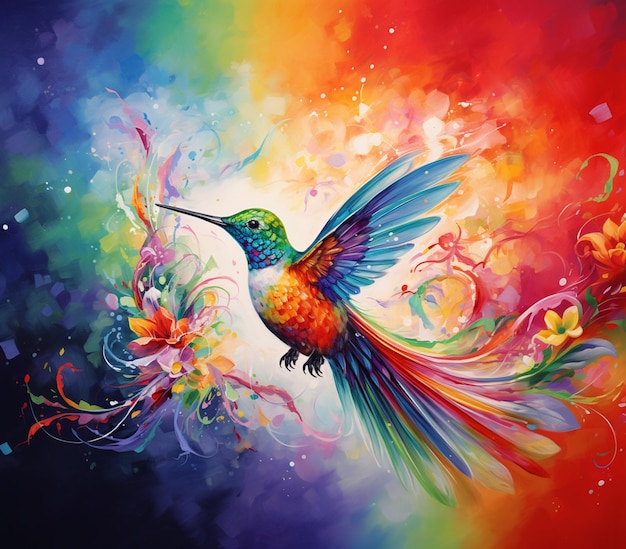 Colibri aux couleurs vives volant avec des tourbillons colorés et des fleurs ai générative