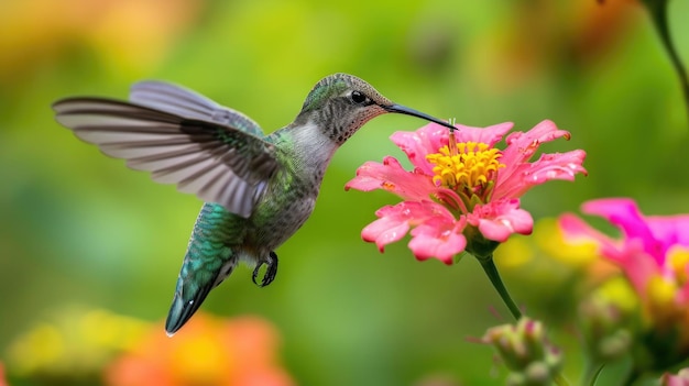 Un colibri avec un bec mince se nourrit d'une fleur vibrante