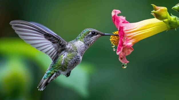 Un colibri avec un bec mince se nourrit d'une fleur vibrante