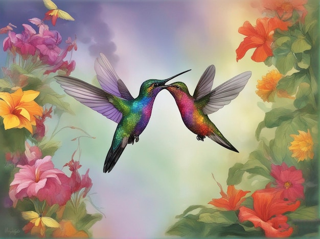 Un colibri coloré vole dans le ciel avec des fleurs.